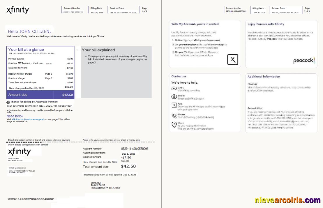 USA Xfinity utility bill, 3 pages, version 4, 1-2 pages